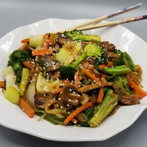 Korean Chapchae or Japchae with Broccoli and Mushrooms