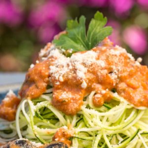 Zoodles with Italian Sausage, Beef and Tomato Sauce