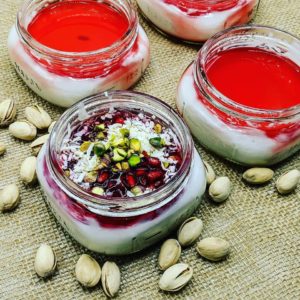 Vegan Malabi Rosewater Milky Pudding with Pistachios, Shredded Coconut and Pomegranate