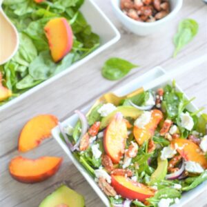 Spinach Salad with Peaches, Avocado, Feta Cheese, and Toasted Almonds