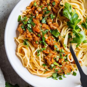 Mushroom and Lentil Ragu Over Spaghetti