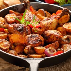 Crispy Chicken Legs with Tomatoes and Potatoes