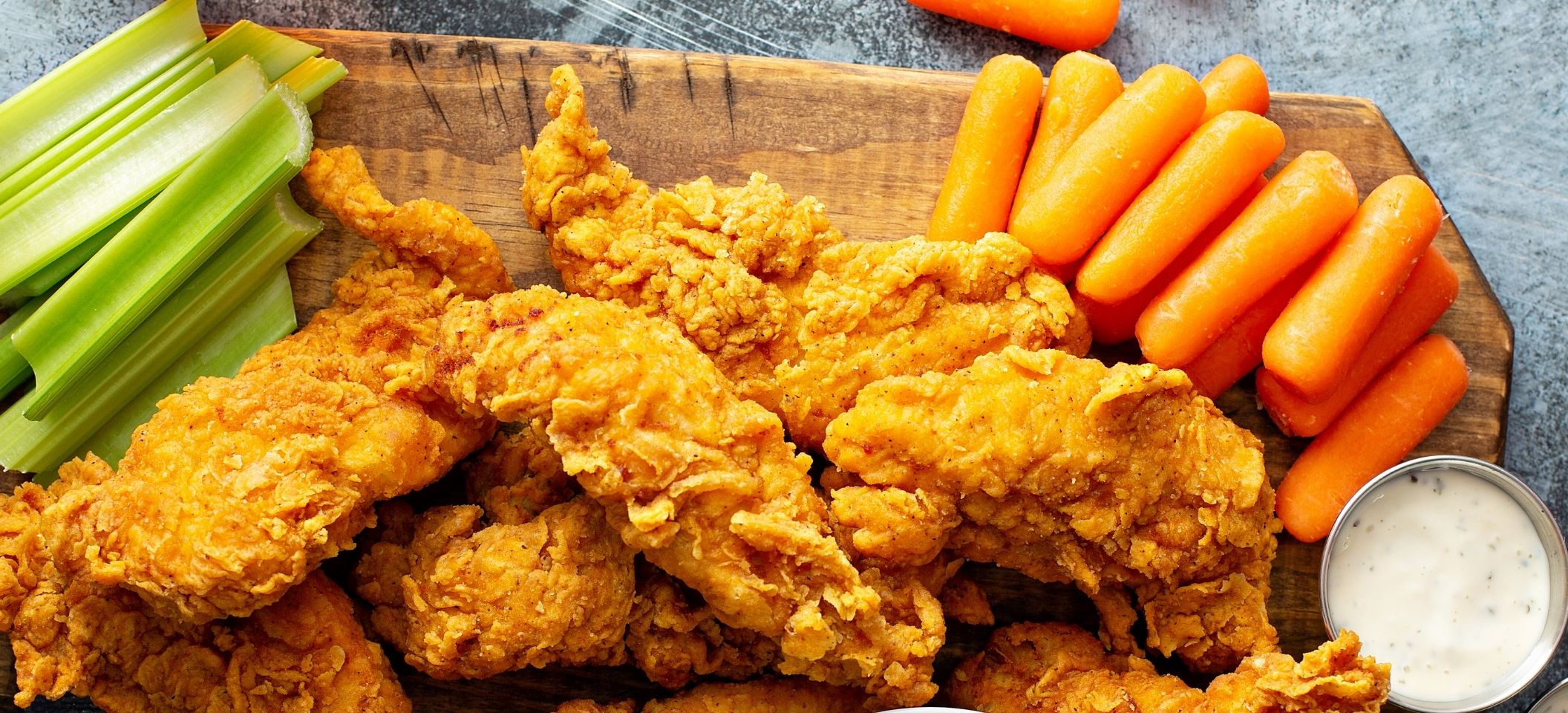 Fried Chicken Strips with Homemade Ranch Dressing and Veggie Sticks