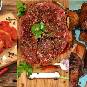 Marinated Meats Value Package with Brined Pork Chops, Korean Beef, and Jamaican Jerk Chicken