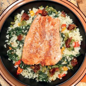 Pan Roasted Salmon with Swiss Chard-Bell Pepper Cauliflower Rice
