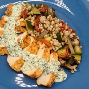 Smoky Spiced Chicken with Creamy Cilantro Sauce with Vegetable Farro