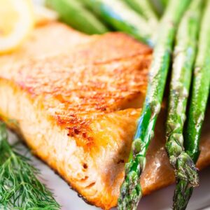 Oven Baked Lemon-Dill Salmon with Rice and Sautéed Asparagus