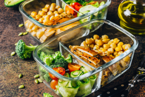 meal prep in glass dish