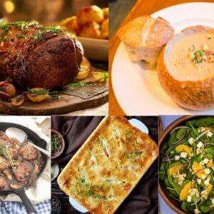 All American: Chicken Pot Pie, Roast Beef with Sweet Potatoes and Broccoli, Clam Chowder in Bread Bowl, Pork Medallions and Spinach Salad