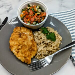 Chicken Schnitzel with Brown Rice and Chopped Israeli Salad