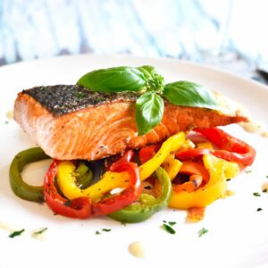 Soy Glazed Baked Salmon with Asparagus, Onions, Bell Peppers