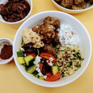 Gyro Bowls (Meatballs with Tzatziki, Lemon Rice, and Cucumber Salad)