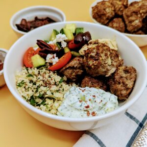 Lean Gyro Bowls with Tahini (Lean Meatballs, Lemon Cauliflower Rice, and Cucumber Salad)
