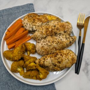 One Pan Chicken, Golden Cauliflower and Carrot Fries