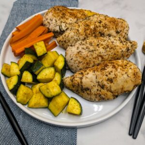 One Pan Chicken, Golden Zucchini and Carrot Fries-Low FODMAP