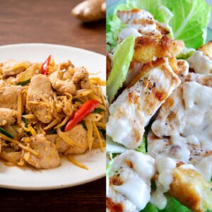 Sesame Chicken Noodles and Chicken Caesar Salad