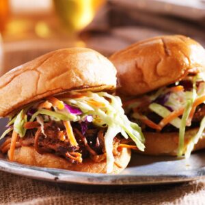 Buffalo Chicken Sliders with Rainbow Veggie Slaw