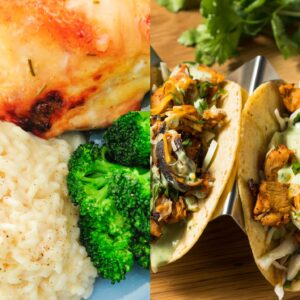 Garlic Chicken Thighs with Cauliflower Mash, Broccoli and Shredded Chicken Street Tacos