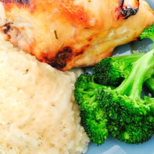 Garlic Chicken Thighs with Cauliflower Mash and Broccoli