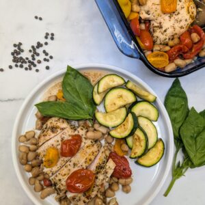 Tomato Basil Baked Chicken with Garlic White Beans and Zucchini