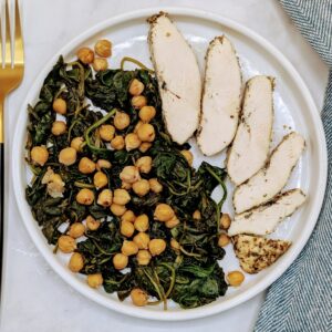 Italian Herb Baked Chicken with Roasted Chickpeas and Sauteed Spinach