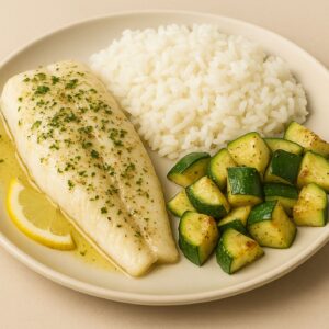Lemon Herb Baked Cod with White Rice and Roasted Zucchini-Renal 5 Dialysis