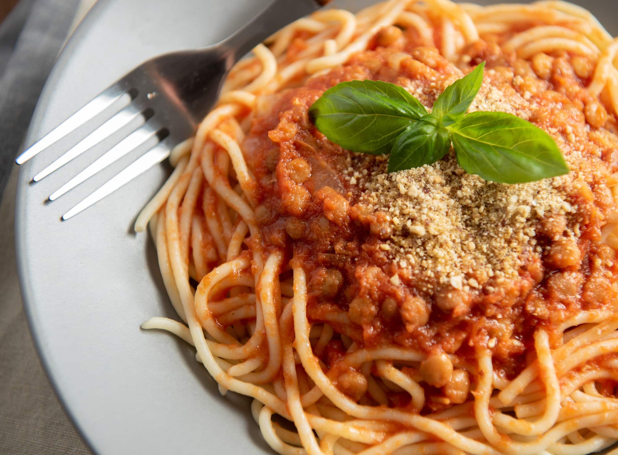 Spaghetti with Tofu and Mushroom Ragu and Pine Nut Parmesan